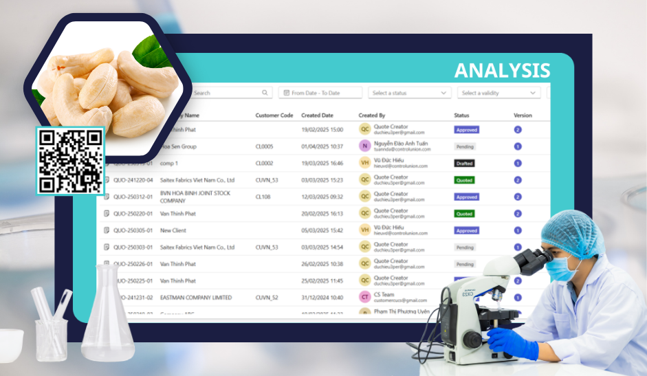 Plataforma digital de análisis de datos de empresas vietnamitas, con elementos visuales de laboratorio y profesional observando en microscopio.